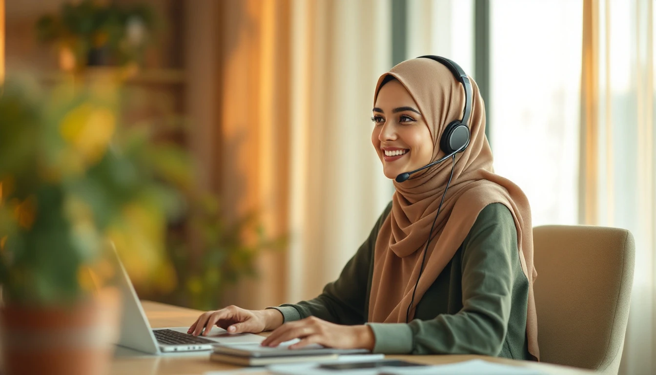 A support coordinator wearing a hijab and headset, ready to help