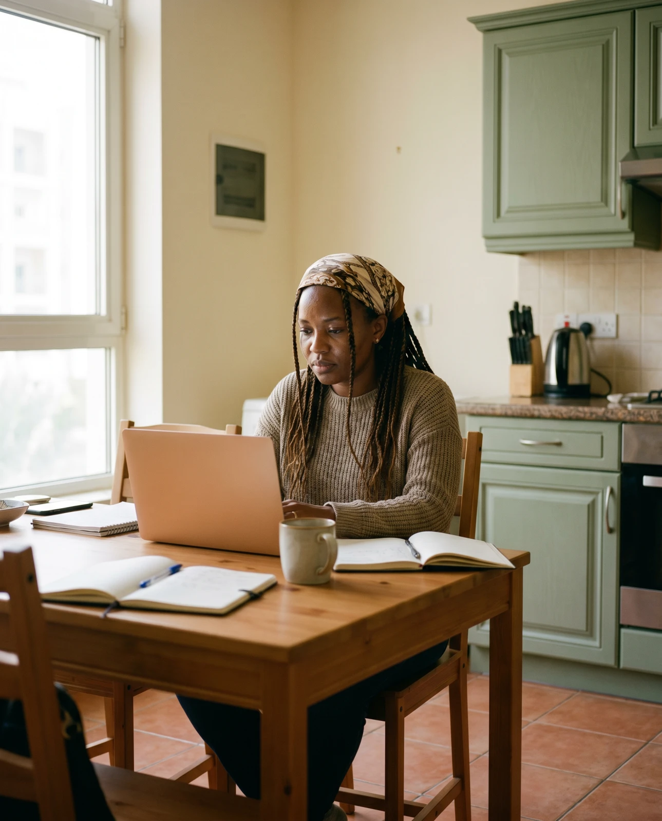 A caregiver studying on a laptop at a kitchen table