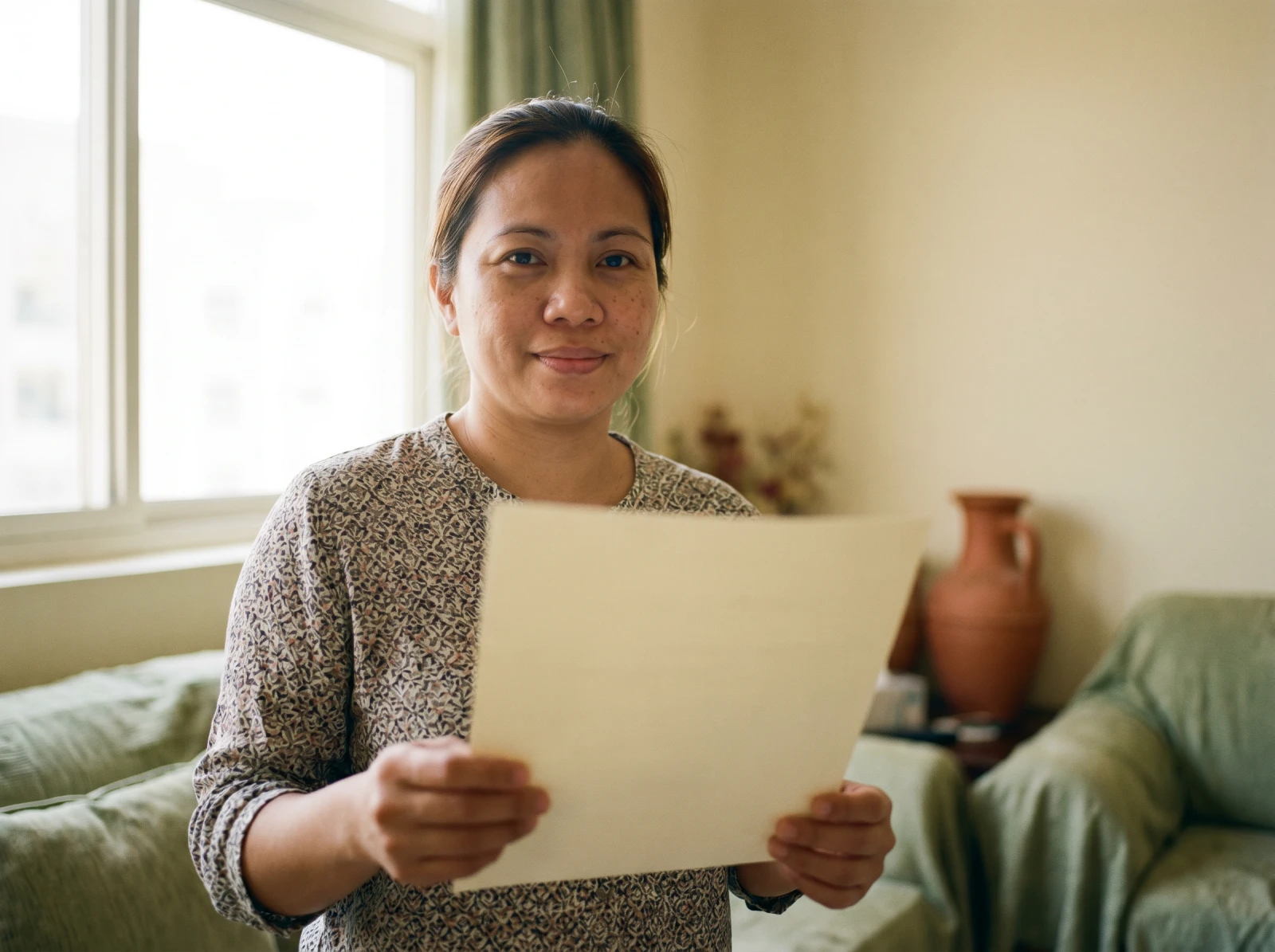 A caregiver holding her printed certificate