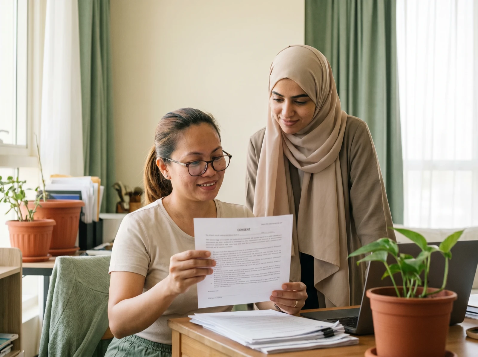 A caregiver reading a consent sheet with an agency coordinator