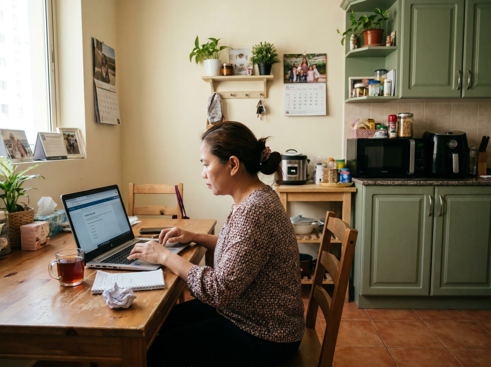 A caregiver taking the assessment on a laptop at a kitchen table