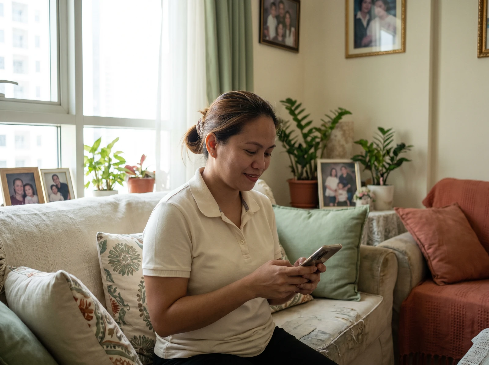 A caregiver reading her result on her phone with a quiet smile