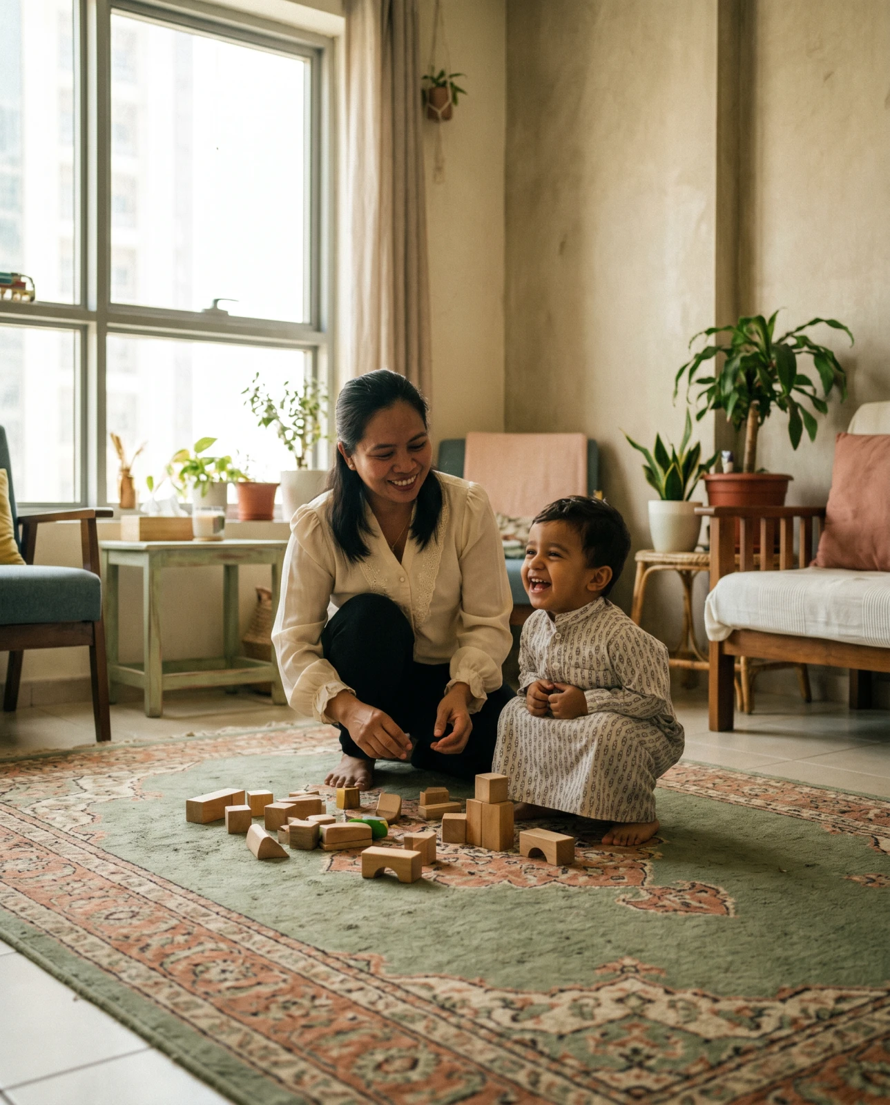 A caregiver and a toddler stacking wooden blocks together on a sunlit rug