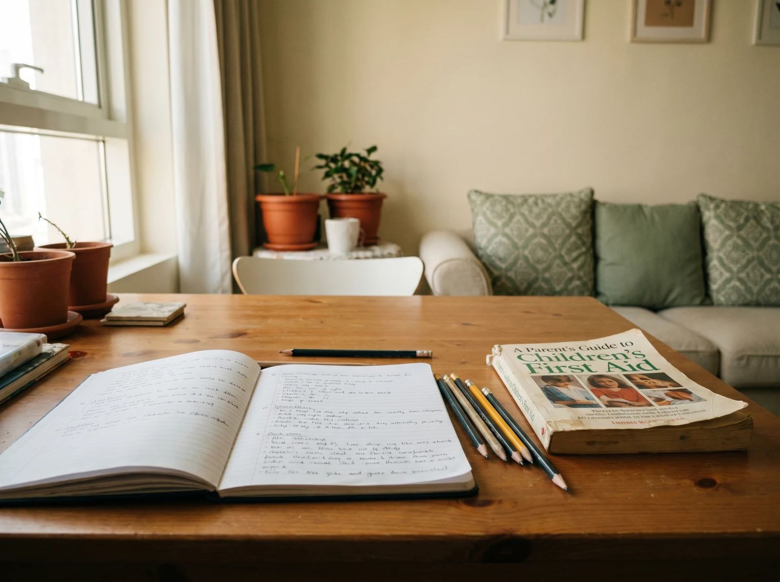 An open notebook and a cup on a desk by a bright window