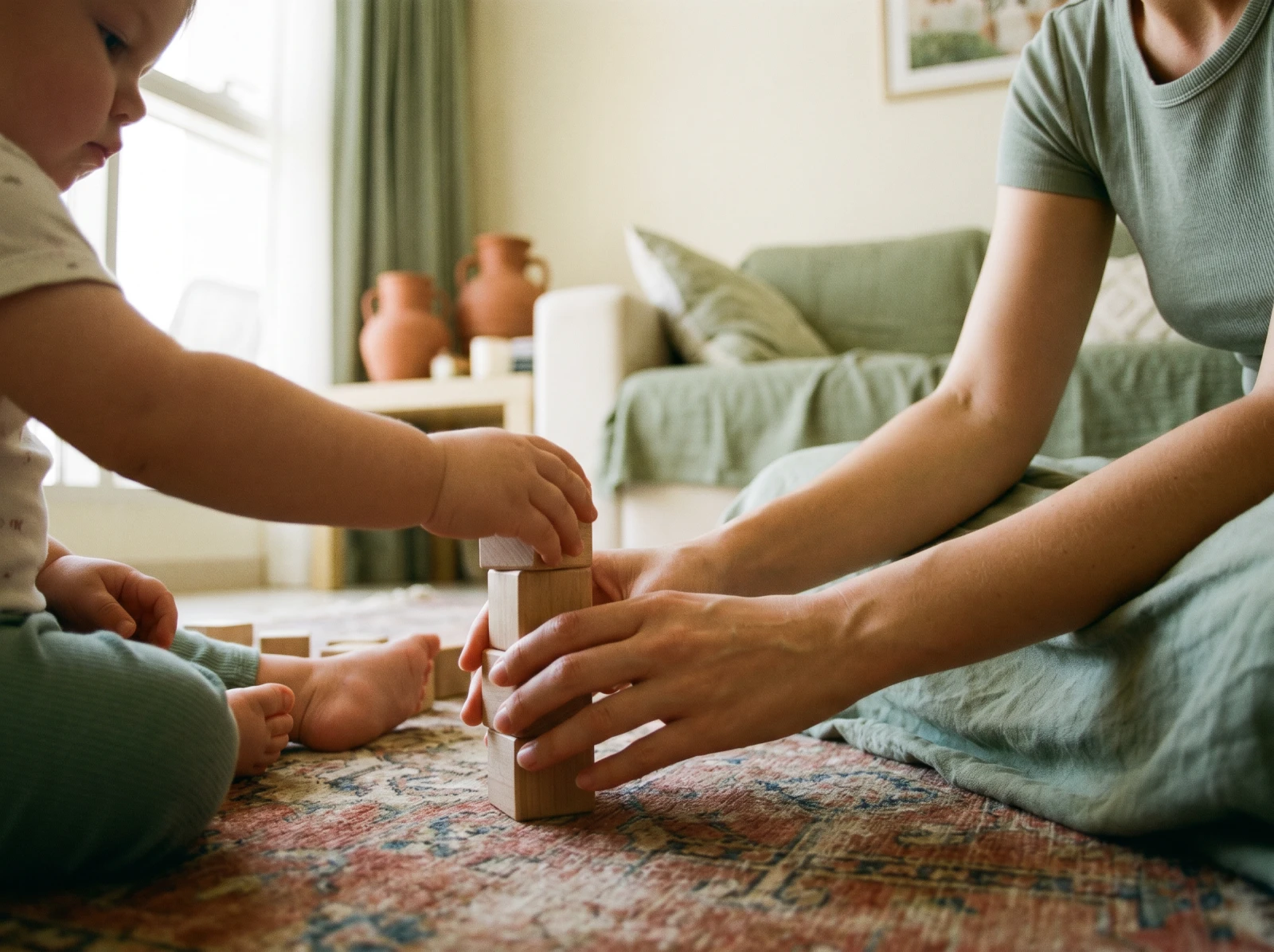 Hands stacking wooden blocks on a sunlit table
