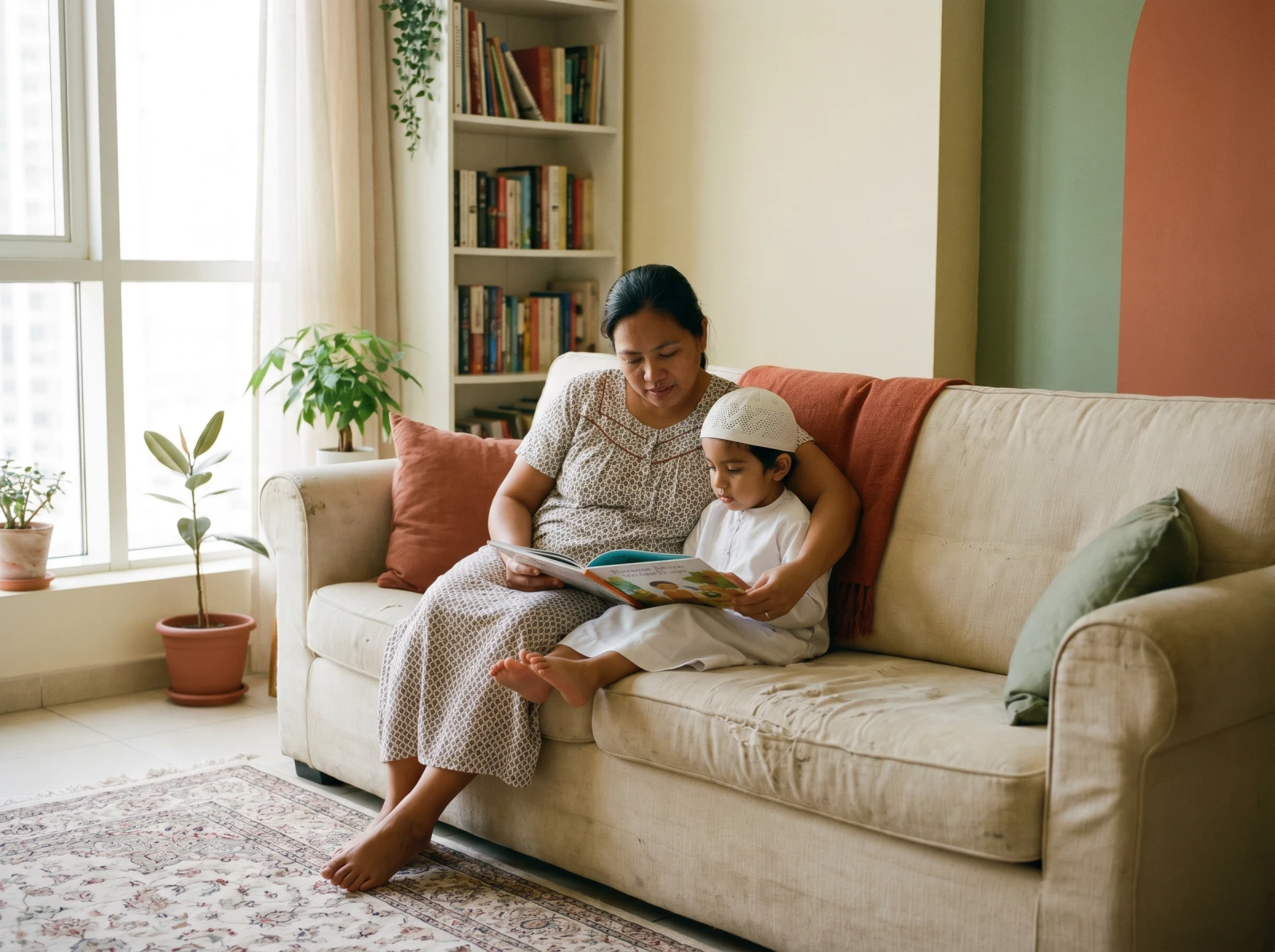 A caregiver and a young child reading a picture book together