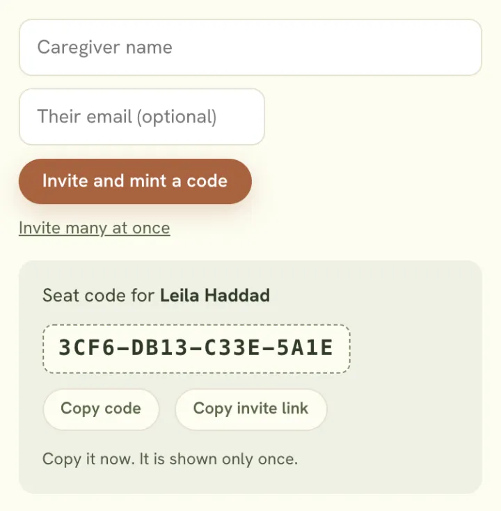 The buyer portal invite bar with a caregiver name field and an Invite and mint a code button, and below it a one-time panel showing a freshly minted single-use seat code