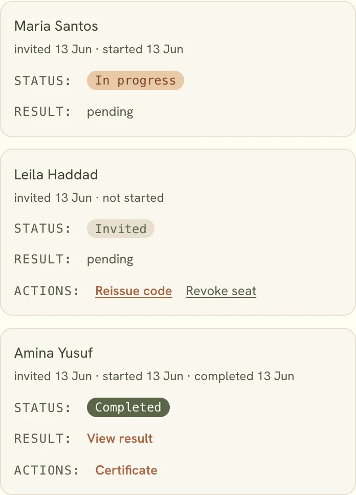 The portal status list showing three caregivers: one in progress, one invited with reissue and revoke actions, one completed